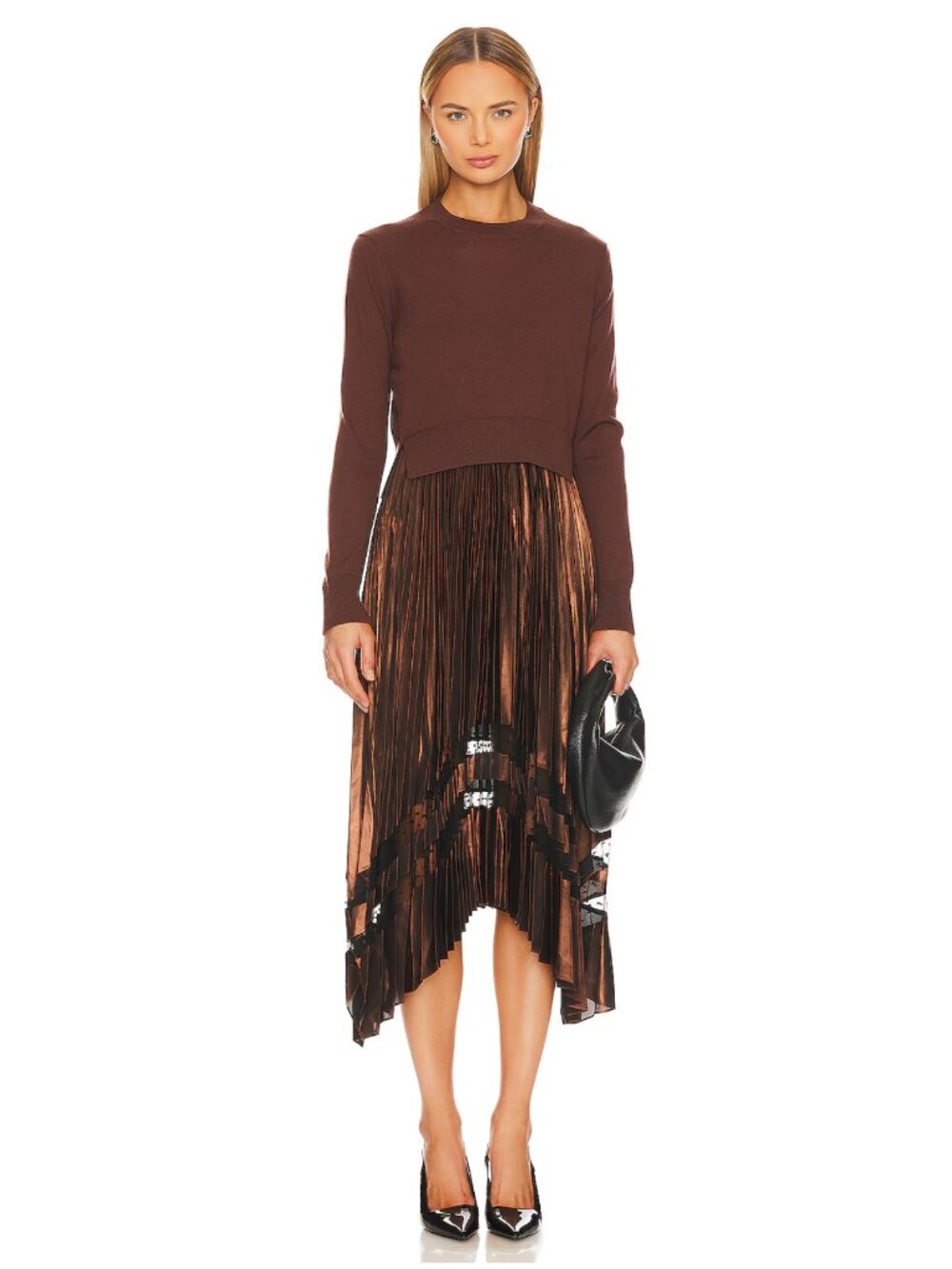 ALLSAINTS Nadia Brown Pleated Foil Slip Dress In Pale Cacao 2in1 Size Small $429